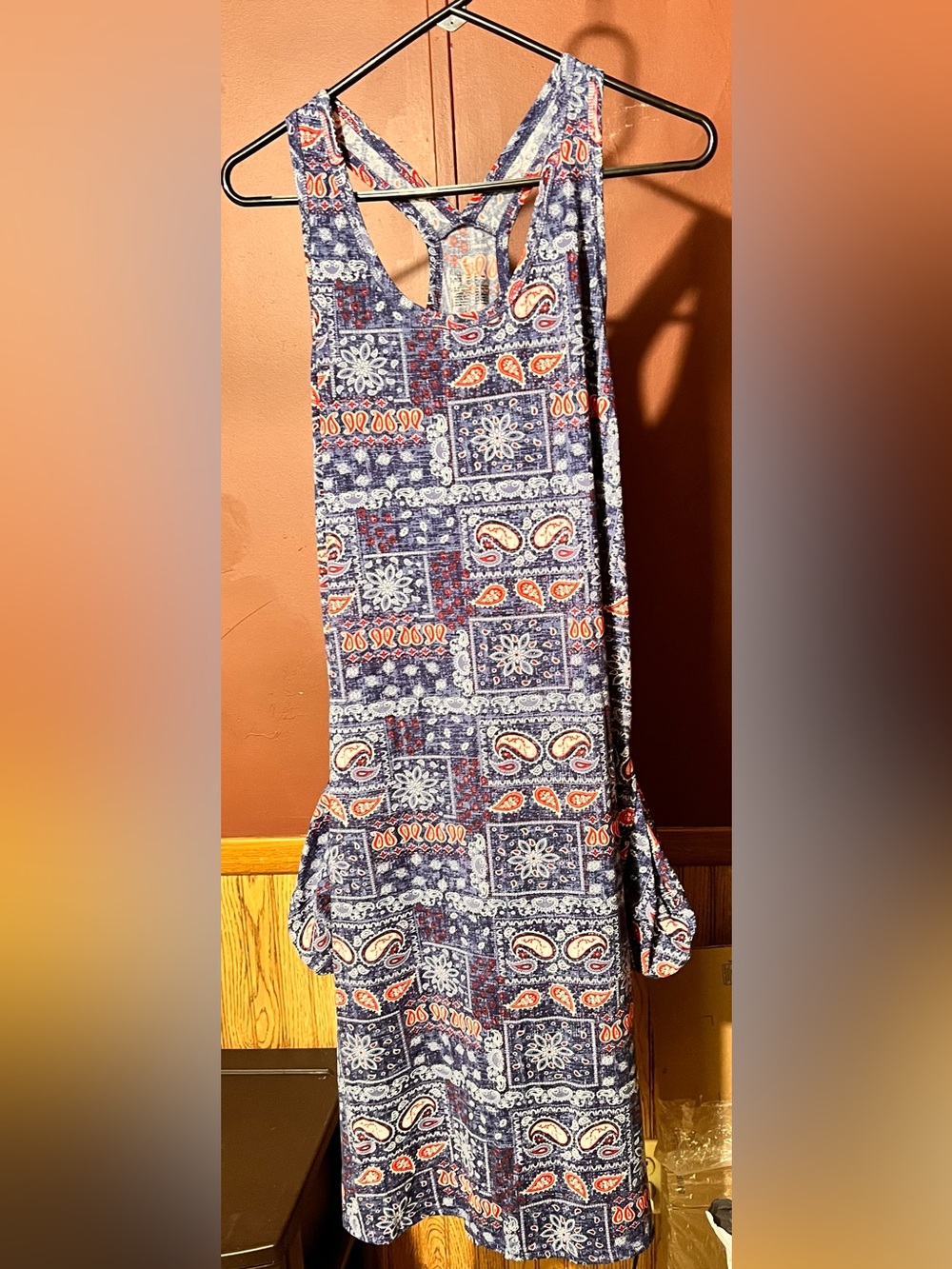 Secret Treasures sleeveless tank dress featuring a blue bandana paisley pattern